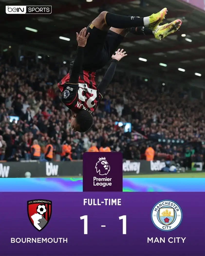 Man City chỉ có được 1 điểm trên sân của Bournemouth (Ảnh: Bein Sports)